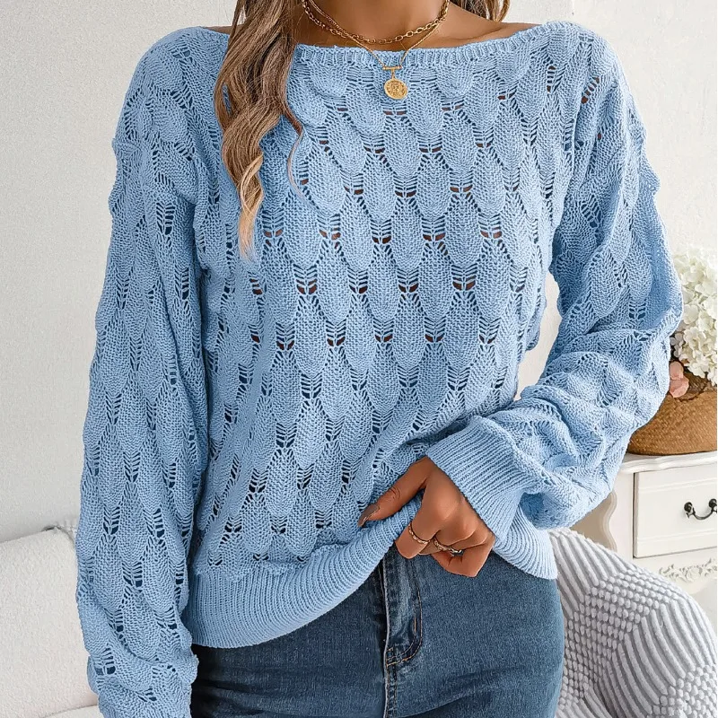 Autumn and Winter Women\'s Pullover Solid Color Hollow Out One Line Neck Off Shoulder Lantern Long Sleeve Sweater Knitted Tops