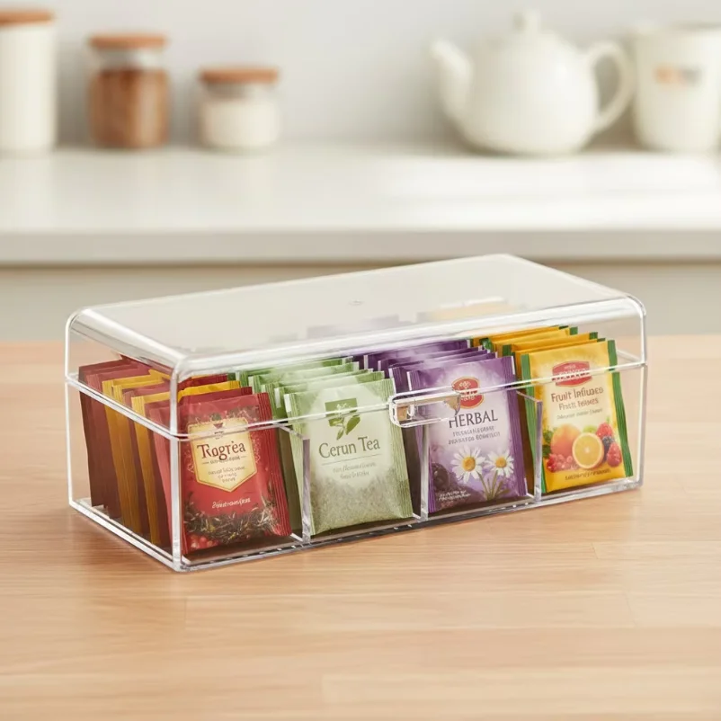 4 Compartment Lidded Storage Box Tea Bag Storage Box Food Storage Organizer Dustproof Multifunctional for Cosmetics,  Stationery