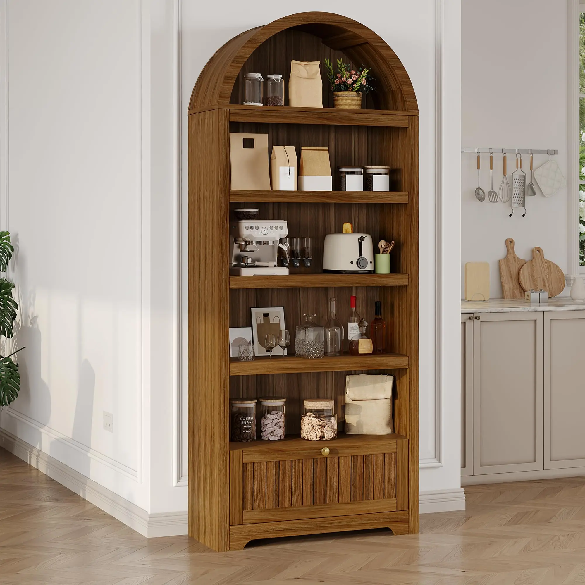 

71 Inch Arched Bookshelf With Drawer 6-Tier Freestanding Storage Cabinet Mid Century Modern Natural Wood Finish