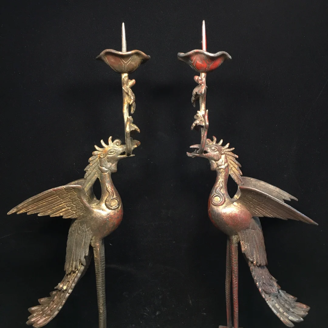 Statue A pair of pure copper peacock wax platforms Length 13CM, width 11cm, height 45cm, weight 2725g