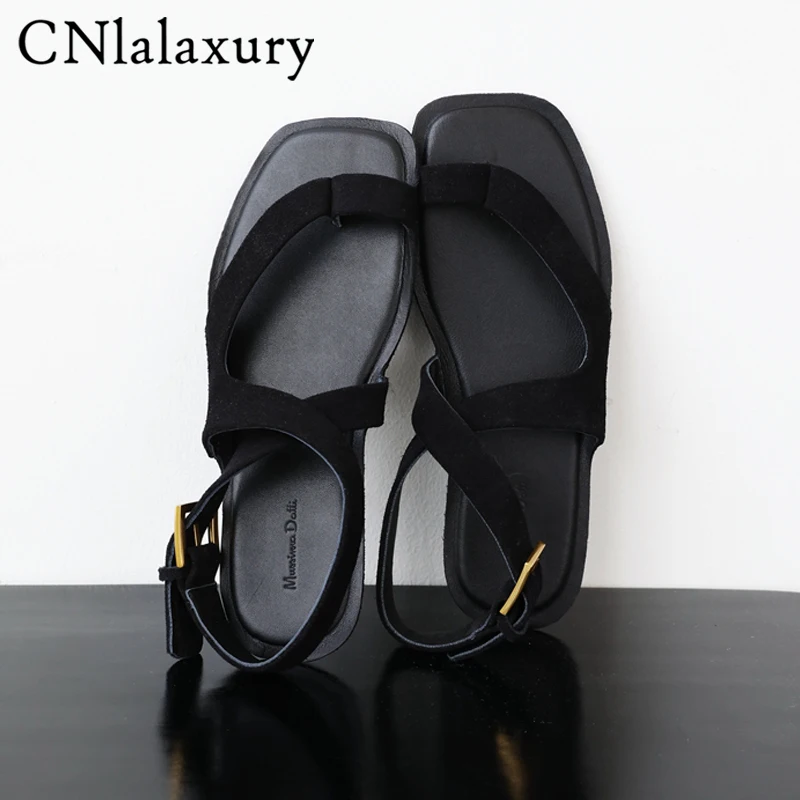 2024 Summer Genuine Leather Women Flat Sandals Brand Design Thong Toe Gladiator Sandals For Women Black Suede Goold Buckle Shoes