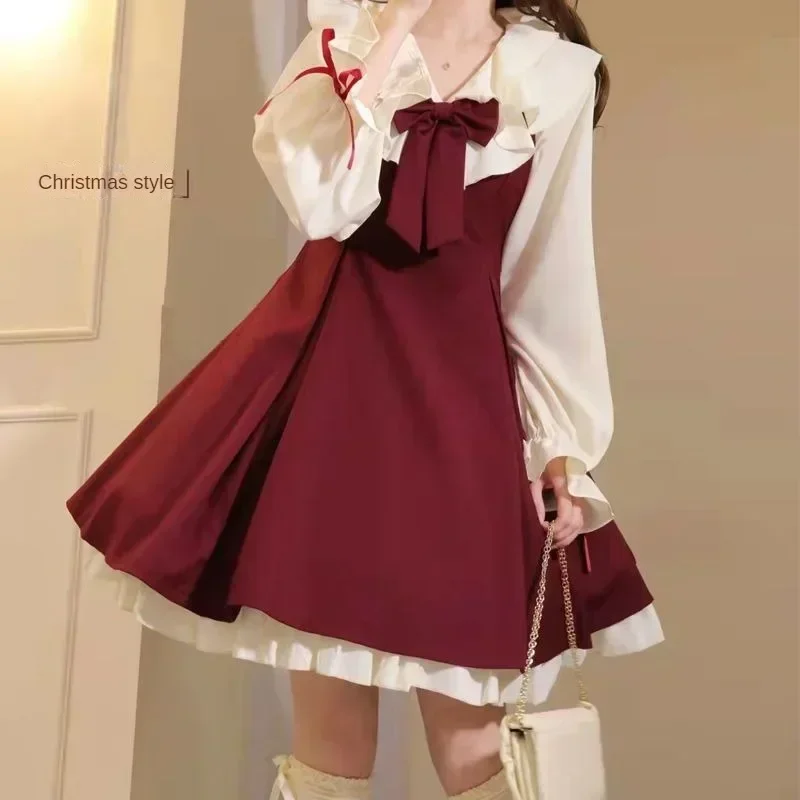 2023 Autumn Winter College Style Elegant JK Uniform Suit Female Sweet Retro Bow Strap Dresses Christmas Party Red Lolita Dress