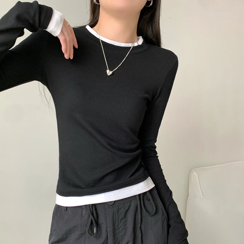 Women T-shirts Korean Version Round Neck Contrast Slim Fashion Fake Two Long Sleeve Spring Autumn Top