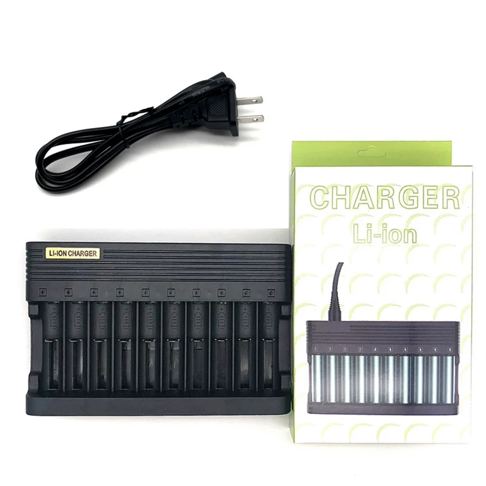 EU/US Plug 10 Slot Smart Lithium Charger 26650 25500 16340 17500 Li-ion Rechargeable Battery Charger 18650 Battery Charger