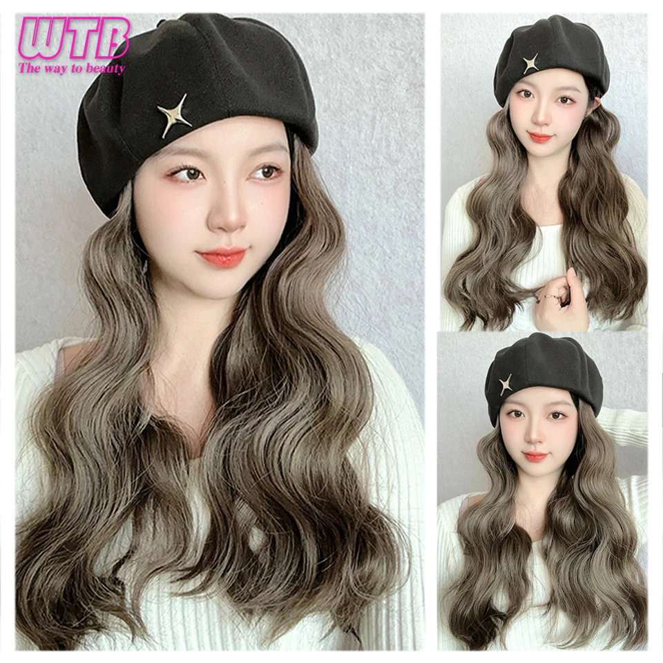 WTB Women\'s Beret Wig Synthetic Long Wave Curly Winter Hat Wig Hat One-piece Wig Keeps Warm and Fashionable Heat Resistant Wire