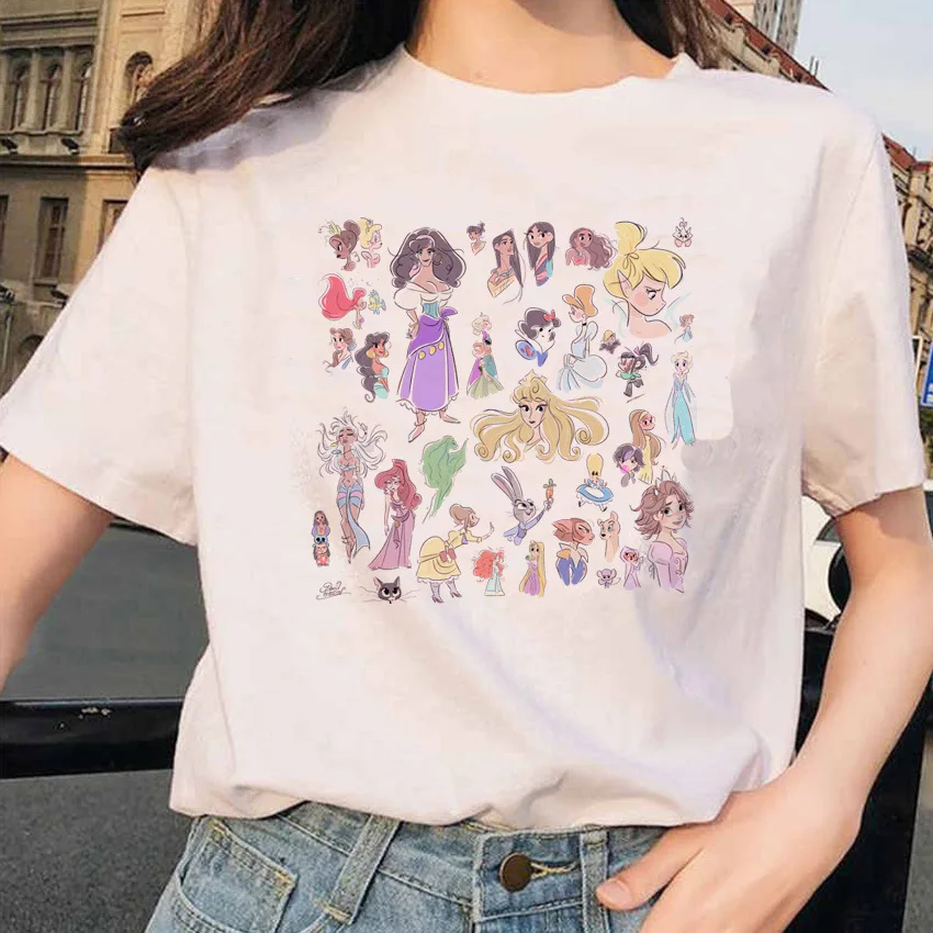 Kawaii Disney Cartoon Princess Graphic Women T-Shirt 2024 Summer Blouse Loose Short Sleeve White O-Neck Men Top Hippie Tees Gift