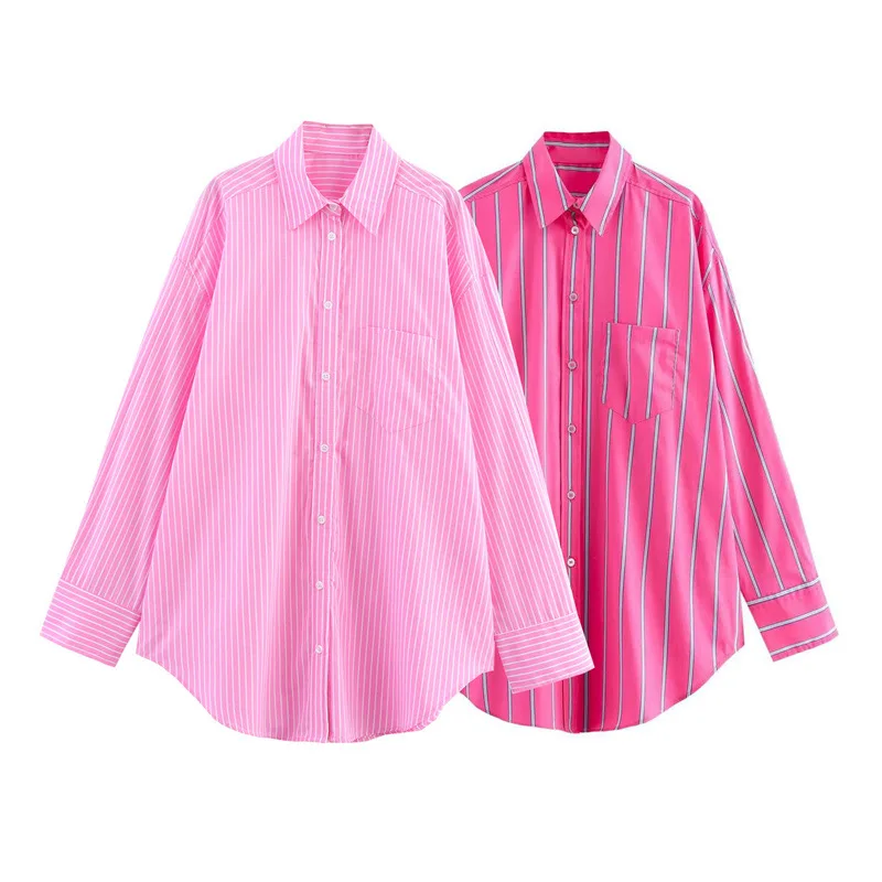 

Women's New Pleated Decorated Turn-down Collar Striped Loose Long Sleeve Shirt 2180067