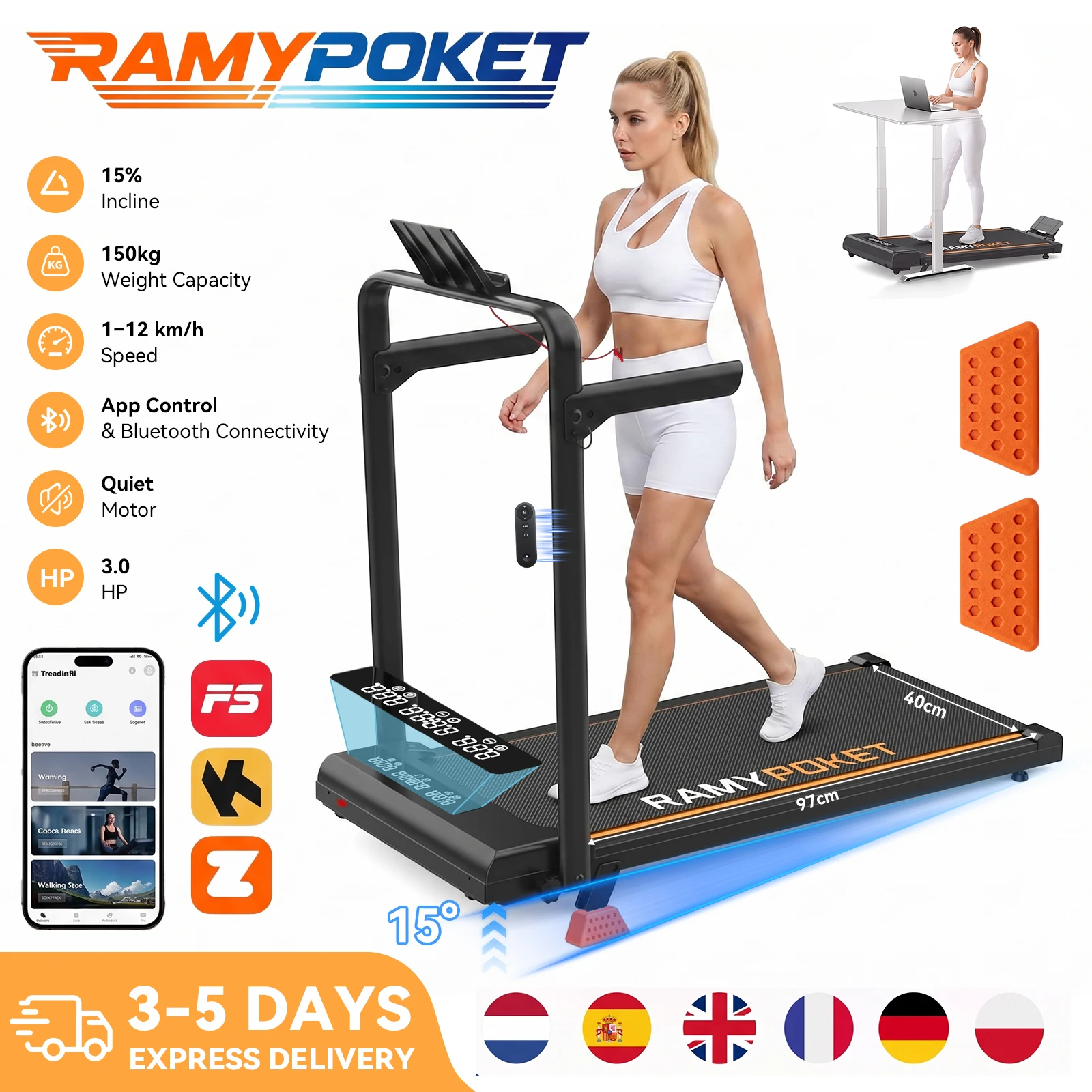 RAMYPOKET Tapis De Marche pliable Inclinable 15%,Treadmill 12km/h,App/LED,Tapis De Marche Bureau 150kg max charge