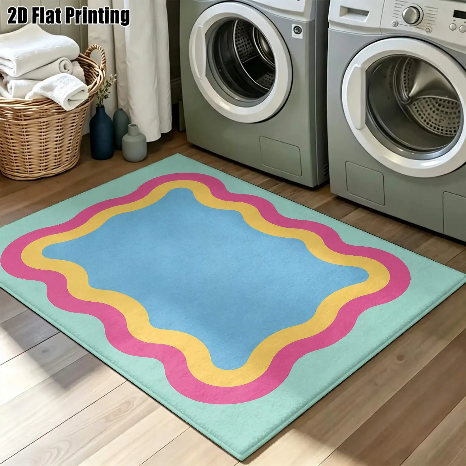 1Pc 2D Printed Carpet: Pink-Yellow-Blue Wave Border, Nordic/Instagram/Modern Minimalist/Geometric Striped/Retro Style, Washable, Multi-Size, for Home Decor, Multiple Scenarios
