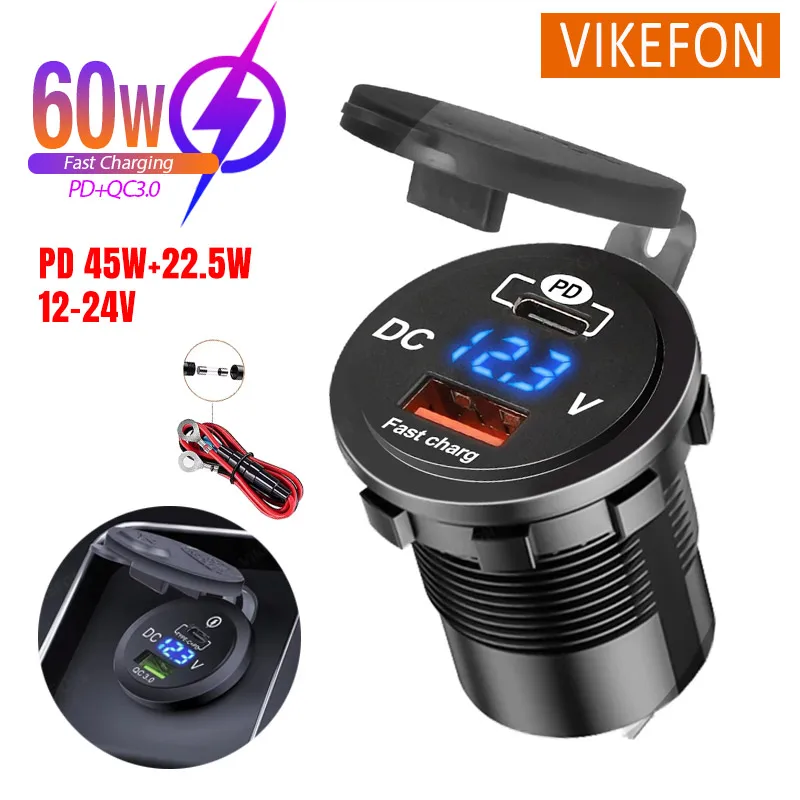 Car 60W Cigarette Lighter Dual Port USB Type C PD+QC3.0 Chargers for 12V/24V Motorcycle Truck Boat All Smartphone Fast Charging