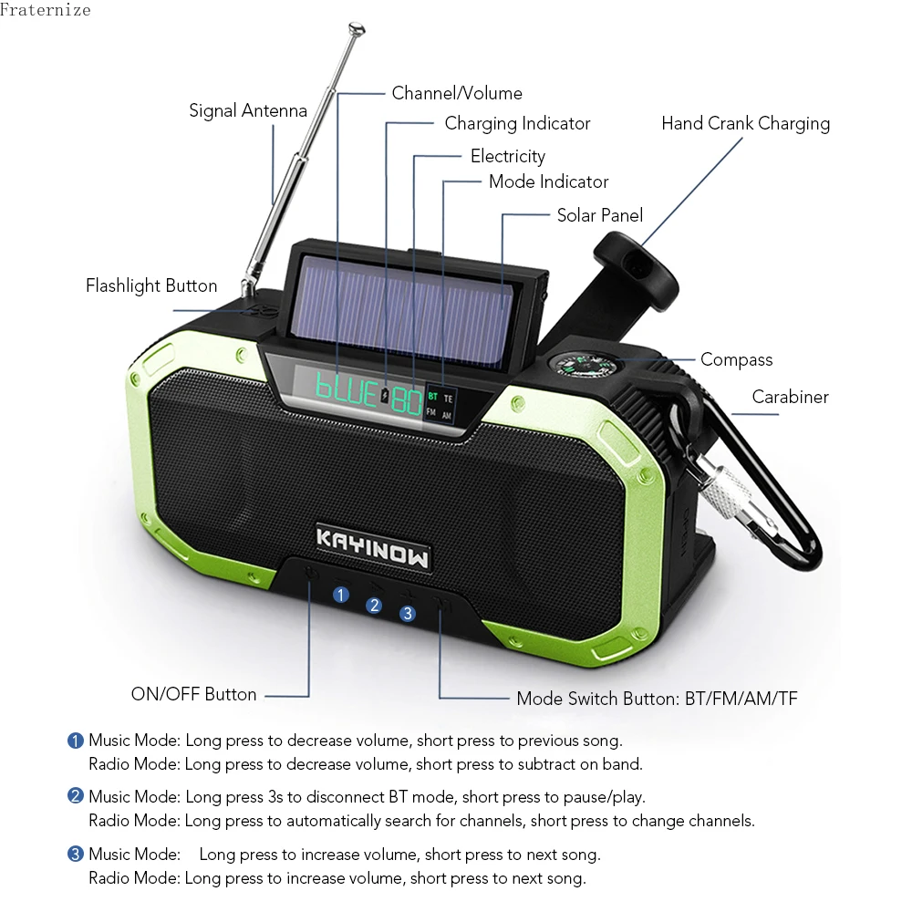 Ruka kliková AM/FM rádio solární přenosné Bluetooth reproduktor 5000mah energie břeh nabíječka LED baterka outdoorové nástroje kemping přežití