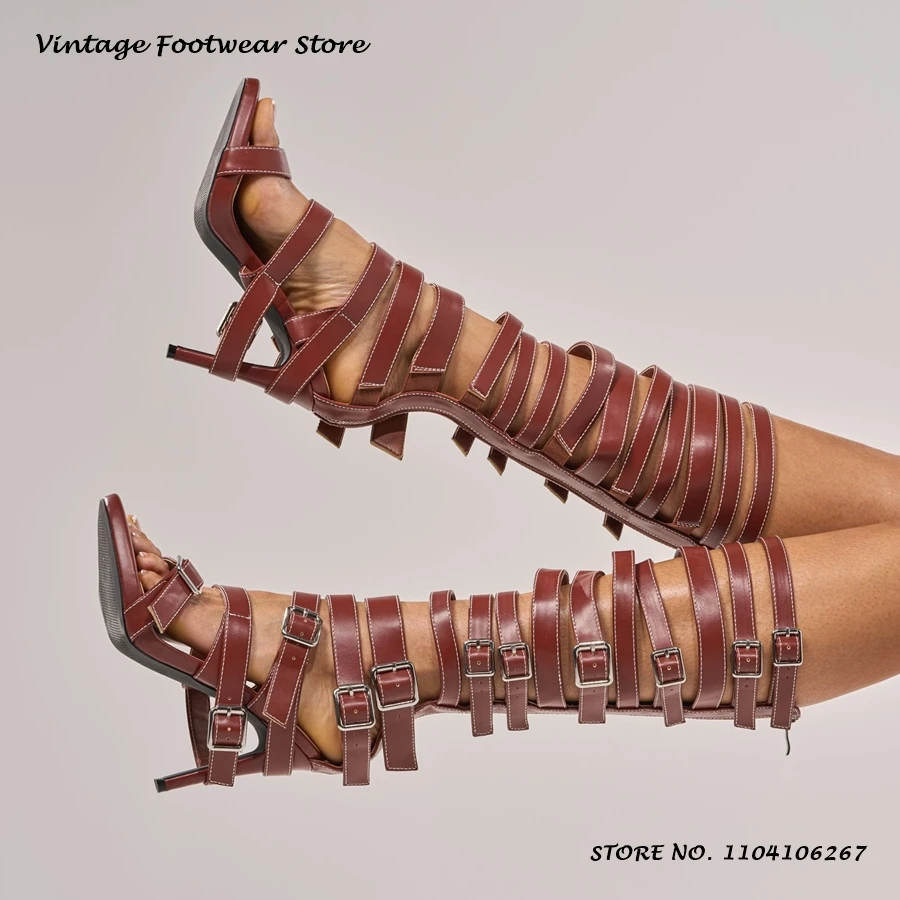 

Brown Sewing Gladiator Sandals Vintage Round Open Toe Thin Heels Party Dress Shoes Fashion Women's Belt Buckle Zipper Stilettos