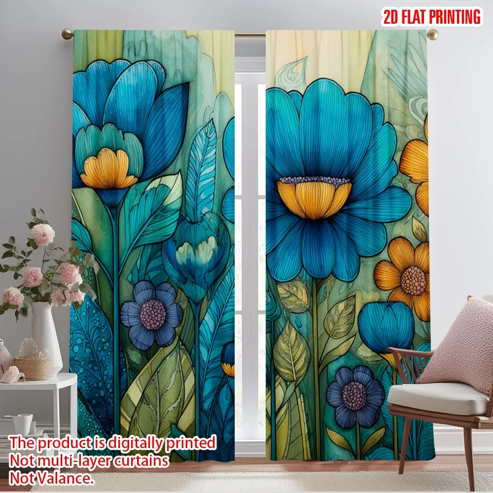 

2pcs 2D flat printing Party Curtains Blue Floral Watercolor Polyester Fabric Without Electricity 0 Perfect for Holiday Family