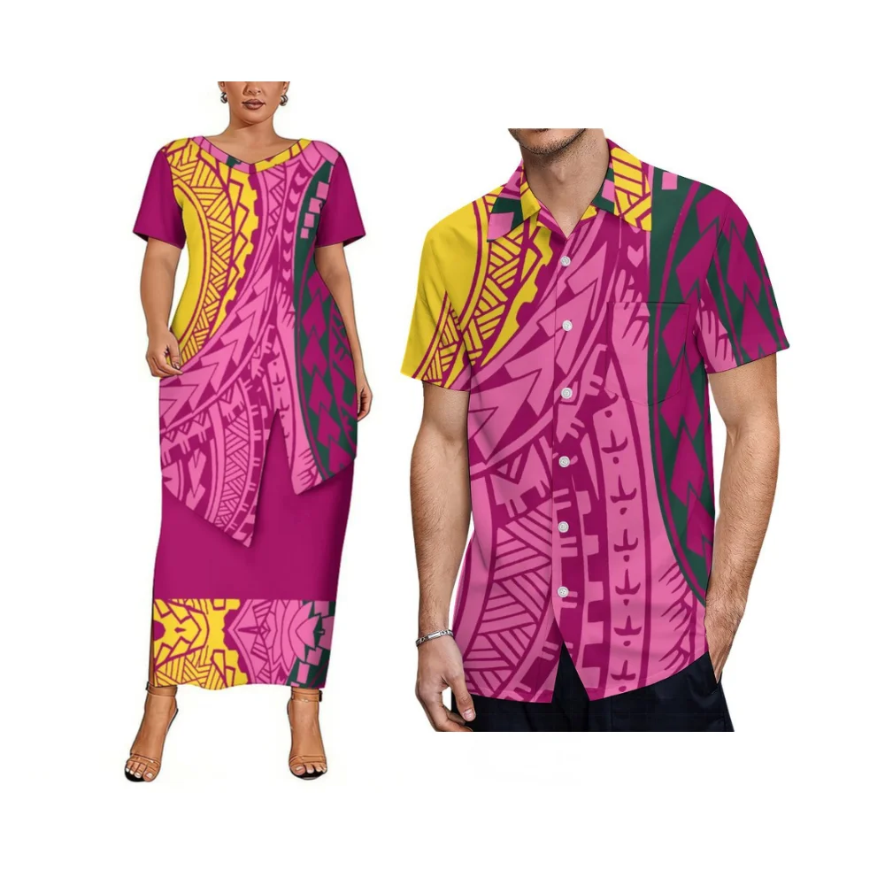

Полинезийское летнее платье-пулетаси с короткими рукавами для пар, на заказ, с индивидуальной отделкой по низу, женское платье, мужская рубашка