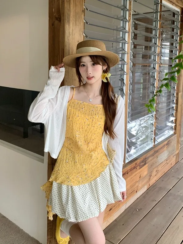 

Sweet Style plus Size Women's Summer New Thin Floral Print Halter Top Sun Protection Trendy High Waist Slim Fit Korean Style