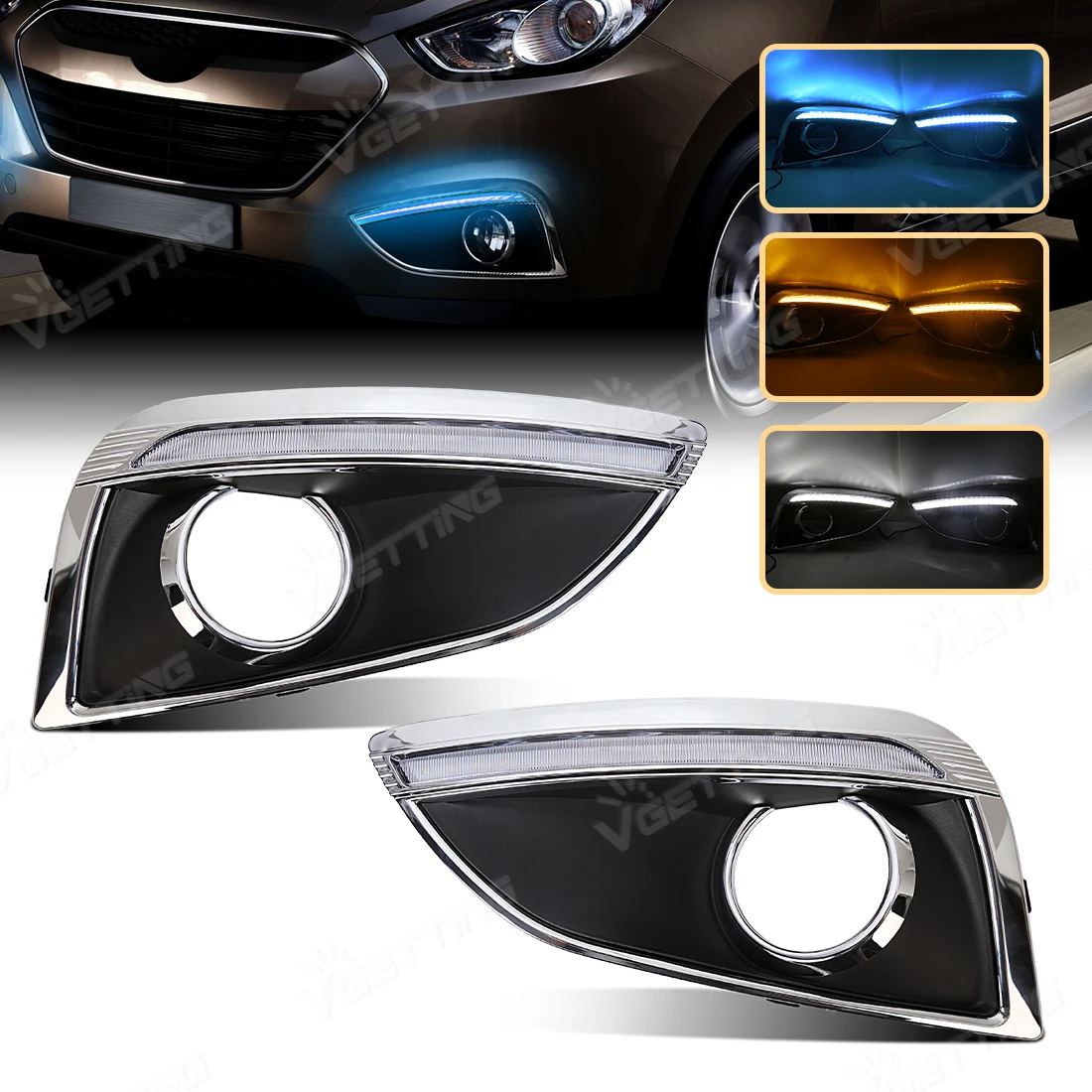 

3-Functions Car Daytime Running Light For Hyundai IX35 2010 2011 2012 2013 LED Front Bumper Turn Signal Lamp White Yellow Blue