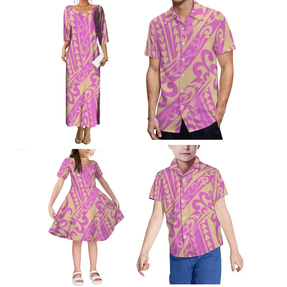 Abbigliamento estivo su misura Set da festa in famiglia con stampa polinesiana, abito genitore-figlio, camicia e top, set di quattro pezzi