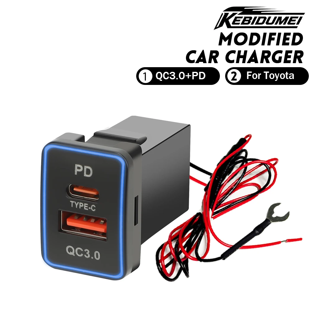 Kebidui 12v/24v carregador de carro pd qc3.0 tomada adaptador de alimentação tomada usb com cabo luz led para toyota acessórios do carro