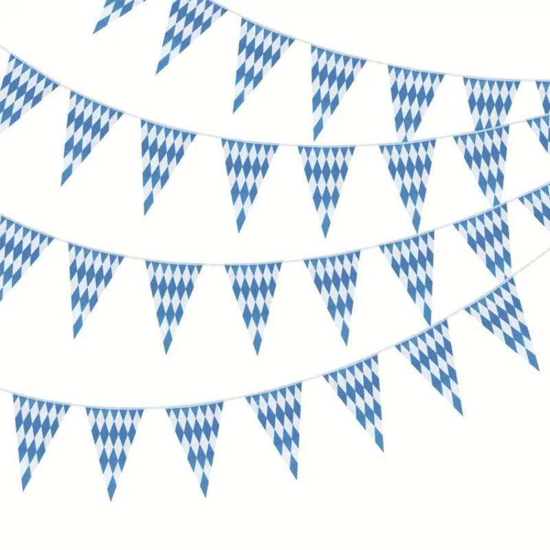 New 10 Meters Blue White Lattice Plastic Banners Flag German Beer Festival Pennant for Bar Oktoberfest Themed Party Decorations