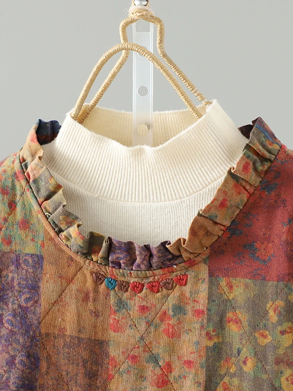 Abrigo de invierno para mujer, corte holgado, algodón, lino, oreja, musgo, encaje bordado, cuello de muñeca, suave, cómodo y versátil