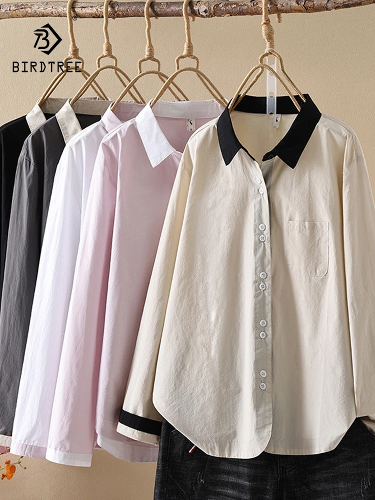 

Новая летняя хлопковая рубашка с длинными рукавами 2025, женская лоскутная блузка с отложным воротником, простая универсальная свободная блузка Mori Girl T54820CC