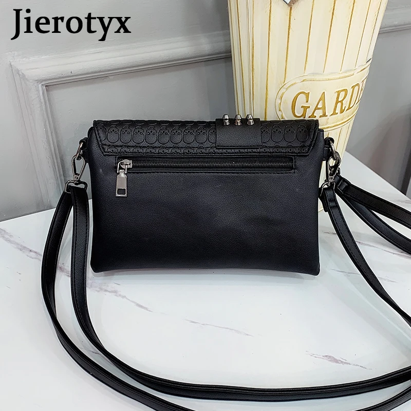 JIEROTYX – sacs à main en cuir noir pour femmes, Vintage, impression de crâne, sac à épaule à rabat, Punk Rivet, petits sacs de couverture pour