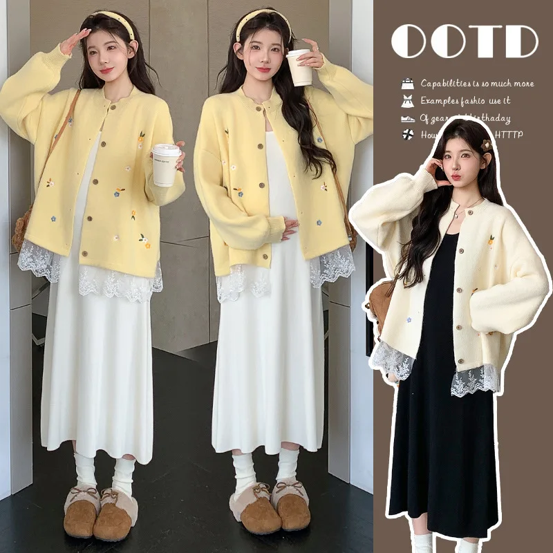 

Комплект для беременных 2026: Весенне-осенний нежный, мягкий и удобный кардиган с цветочной вышивкой и платье-жилет, комплект из двух предметов