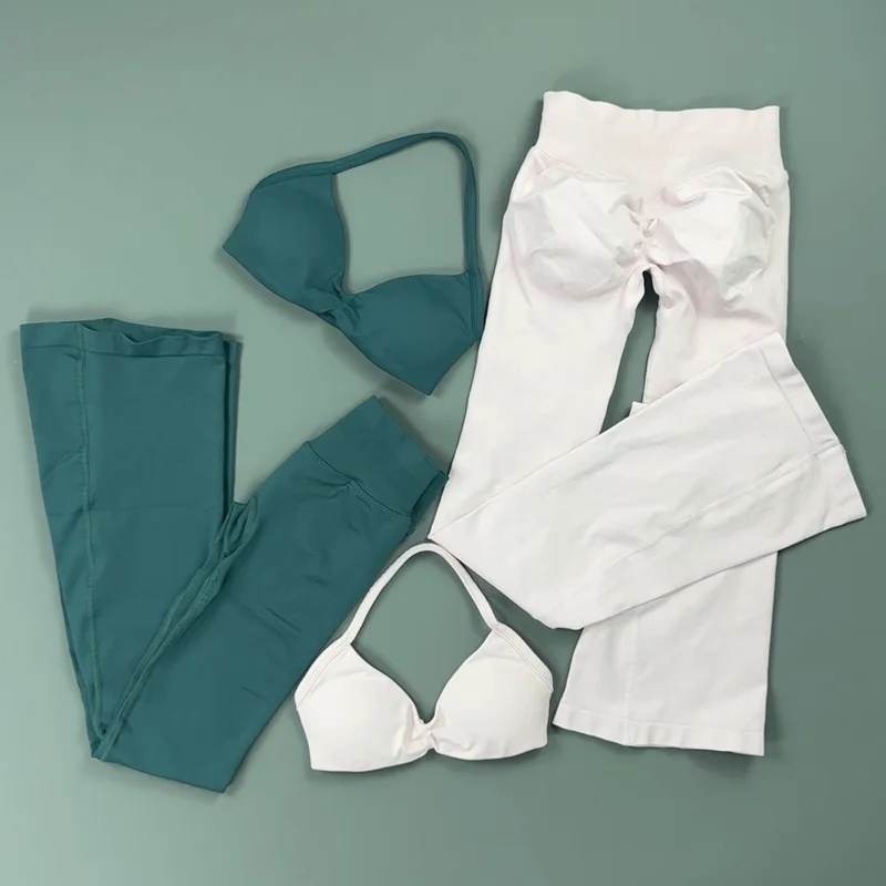 2-teiliges Gym-Set für Damen: Neckholder-Sport-BH mit Raffung und High-Waist Slim Flare Leggings – Dehnbarer Sportanzug für Yoga und Laufen – Detail 7