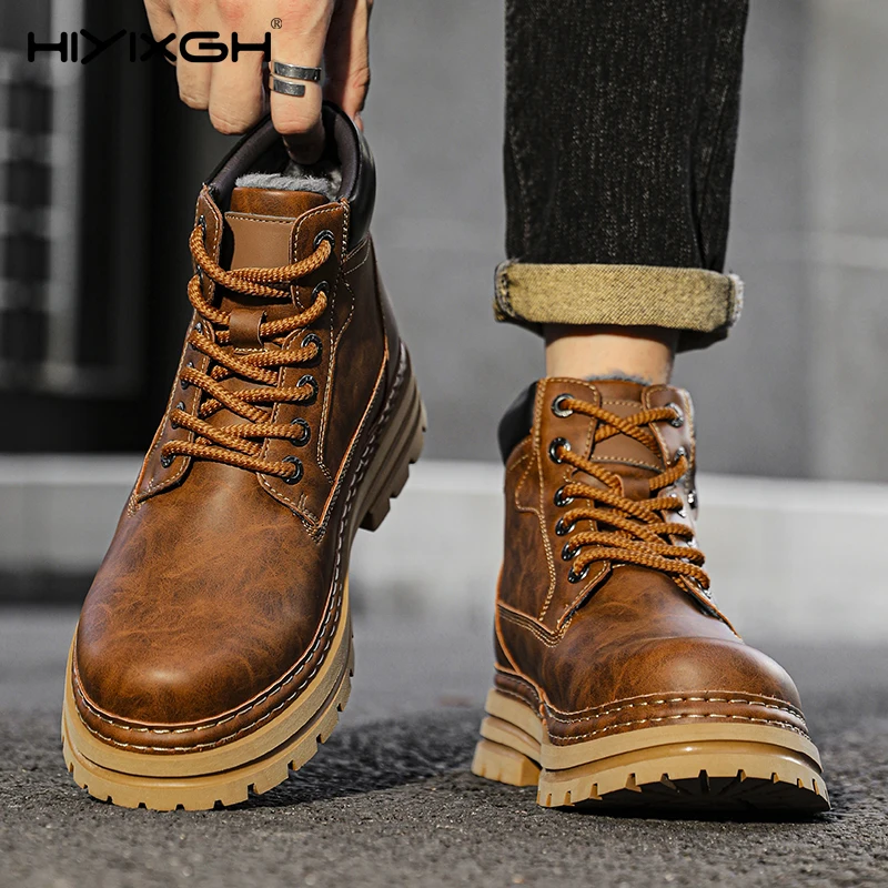 

Leather Ankle Boots Stylish Walking Shoes Outdoor Men Casual Footwear Winter Plush Snow Boots New Trendl Mens High Top Shoes