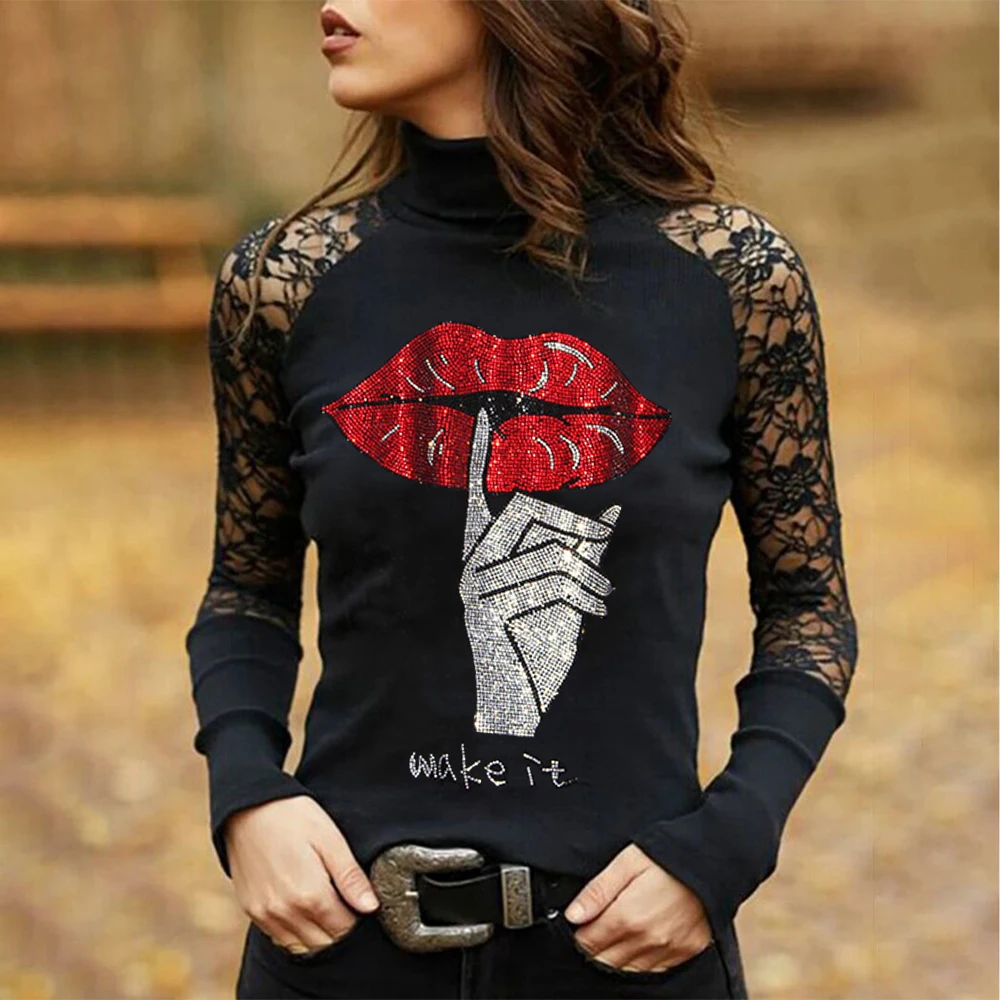 Fashion Spider Hot Drill Print Ladies T-Shirt Solid Lace Sexy Women TShirt Y2k Gothic Tee Long Sleeve Shopping Clothing Tops New