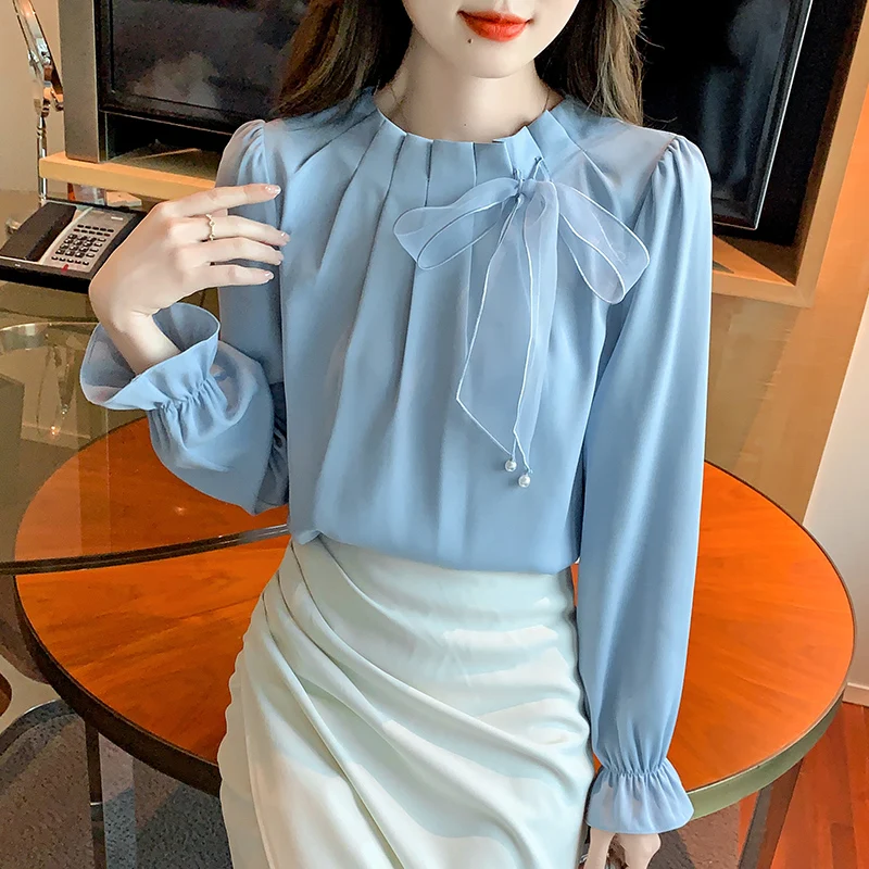 New Blusas Long Sleeved Women Blouse Bow O-Neck Whiet Chiffon Camisas De Mujer Blouse Shirt Women Tops Blouses Blusas Shirts M43