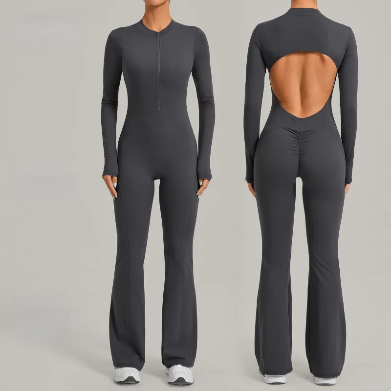 Long Sleeved One Piece Jumpsuit With Stand-up Collar Flared Yoga Bodysuit Wide-leg Seamless Slim Fit Spring Women's Activewear