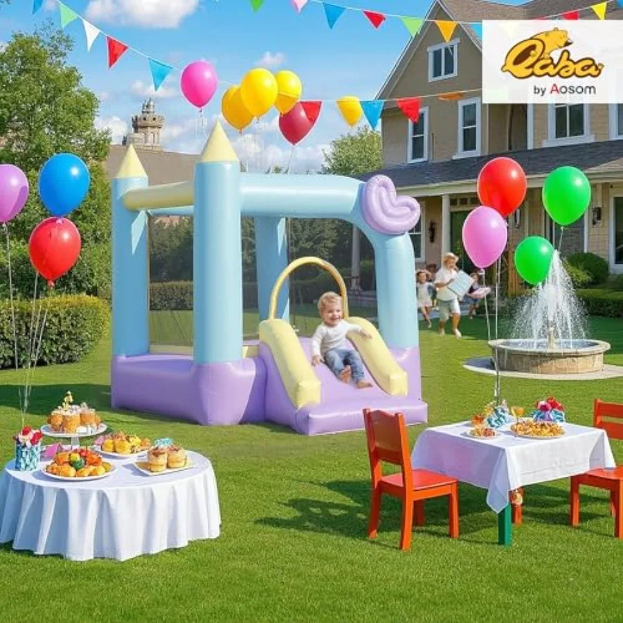 Casa de salto, bouncer inflável com ventilador de ar, castelo inflável externo/interno com escorregador, estacas, remendos de reparo, 98" x 65" x 79"