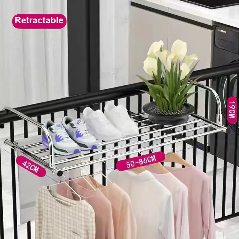 Balcony Multifunctional Hanger Shoe Rack Drying Shoes Towel Clothes Hanger Window Guardrail Stainless Steel Storage Artifact