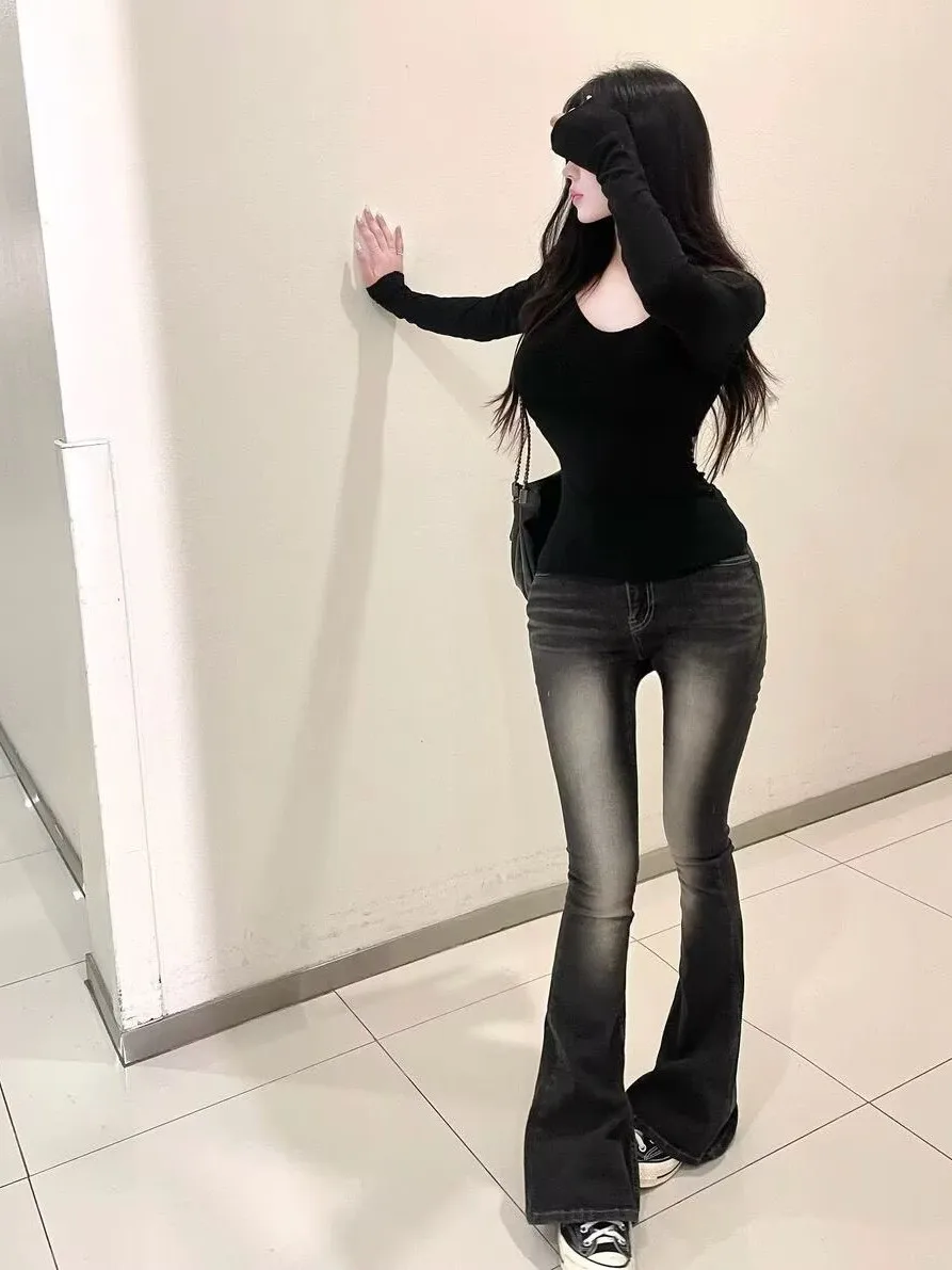 

Модные женские джинсы-клеш с двойной застежкой, облегающие, с высокой талией, из эластичного хлопкового денима, ручной работы, для осени и зимы