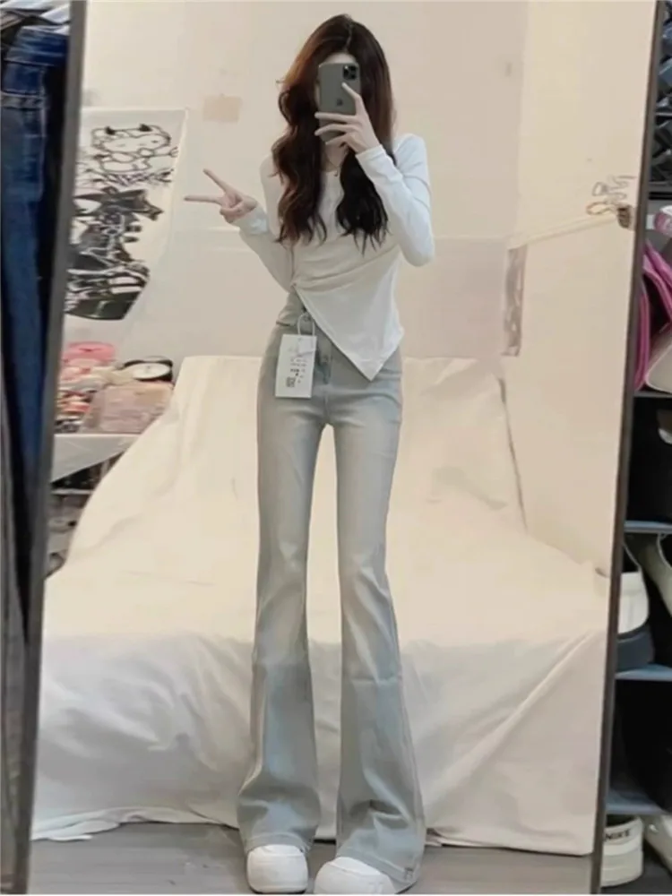 

Ретро-джинсы американского стиля с эффектом потертости, микро-клеш, женские, с высокой талией, облегающие, удлиненные, в пол, весна-осень, глубокий цвет