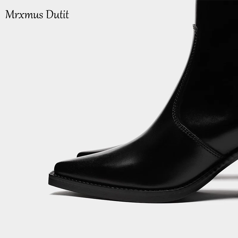 Zelxmus Dutit-Bottes en Cuir group pour Femme, Chaussures à Talon Rugueux, Tête Jolie tue, Simple, Chic, Nouvelle Collection Automne Hiver 2023