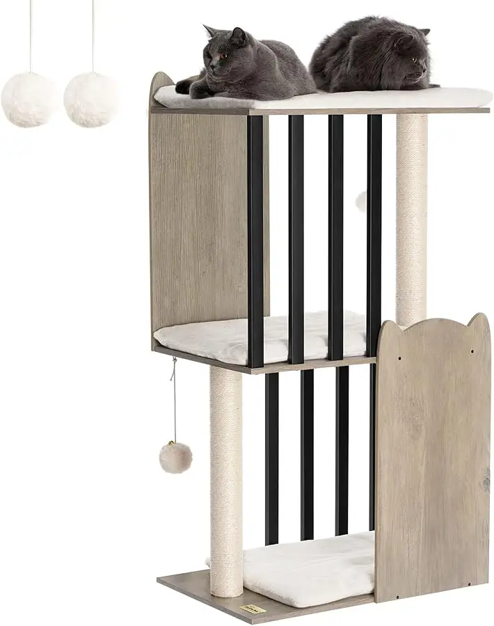 

FourFurPets 43.8in 3-Tier Modern Cat Tree Tower Condo, Cat Scratch Posts for Indoor Cats, Big Plate, Two 19.7in Full Sisal Scrat