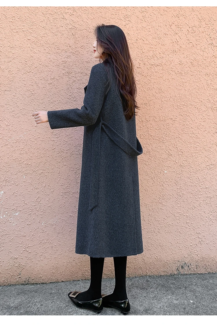 معطف صوفي نسائي جديد للخريف والشتاء، معطف كشمير عصري للتنقل باللون الرمادي الداكن وياقة عالية الجودة على الوجهين #5