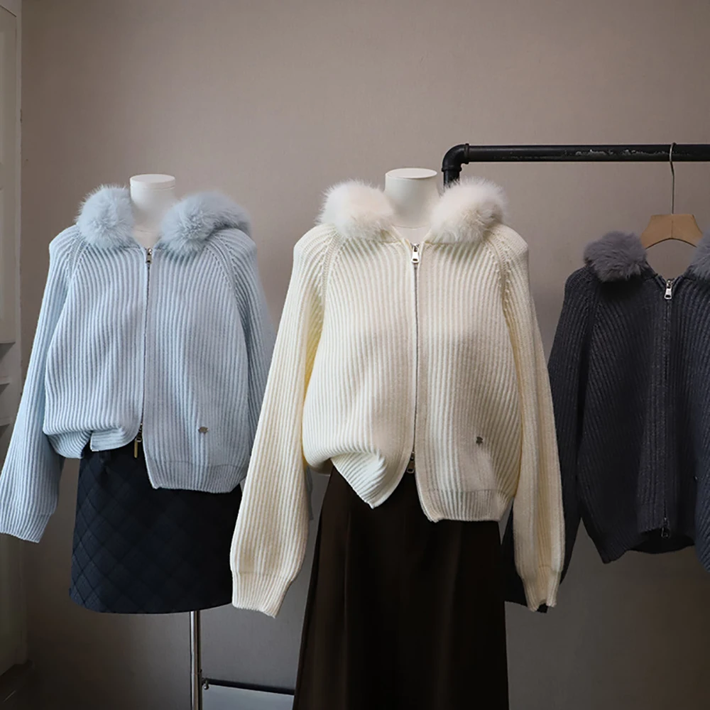 

Women Hooded Double Zipper Sweater Cardigans Elegant Temperament Solid Color Loose Sweaters Outerwear Faux Fur Collar Knit Tops