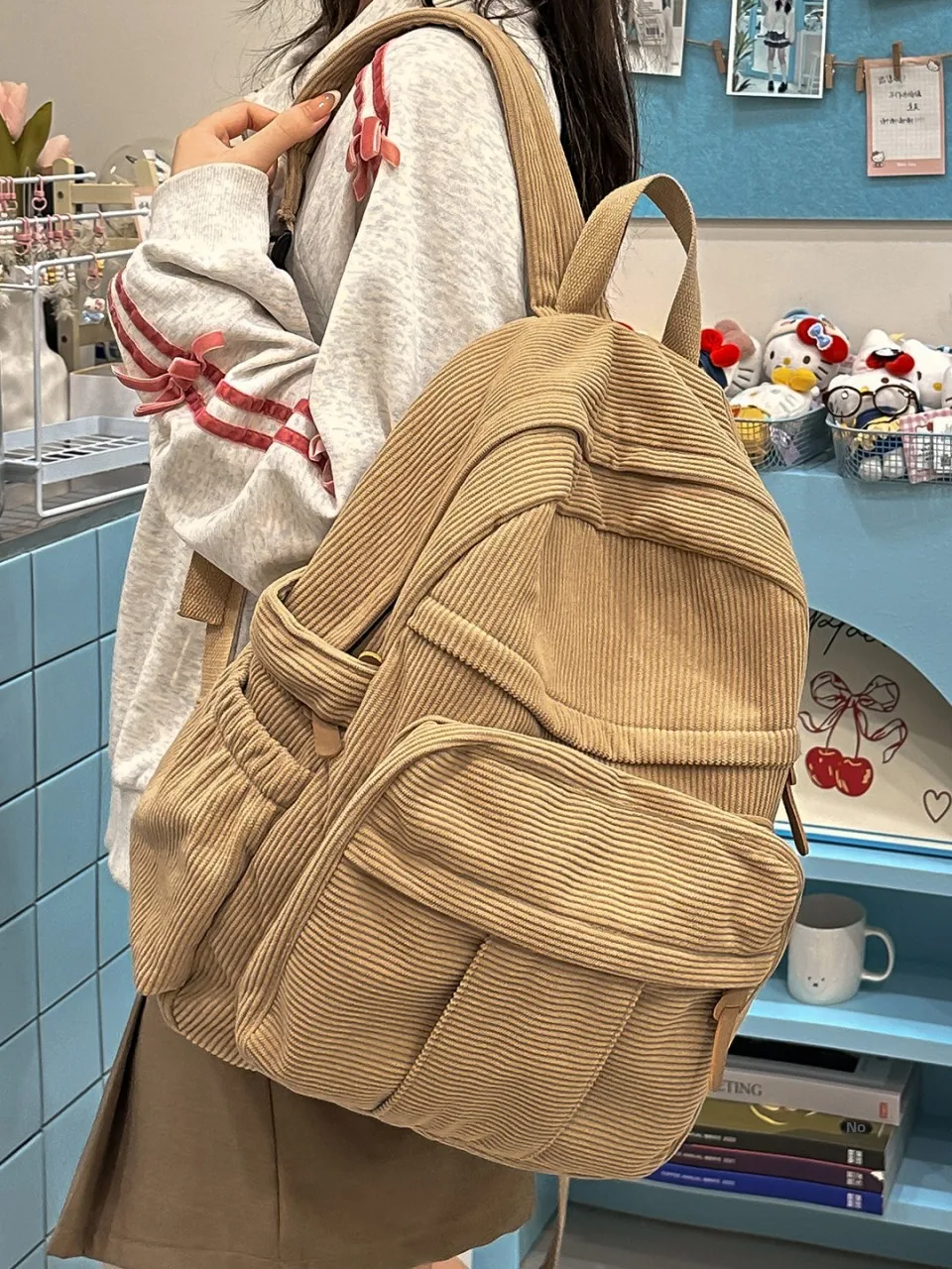 

Large Capaci Corduroy School Bapa Casual Japanese Sle Pure Color Leisure Bookbag for Junior High School Girls