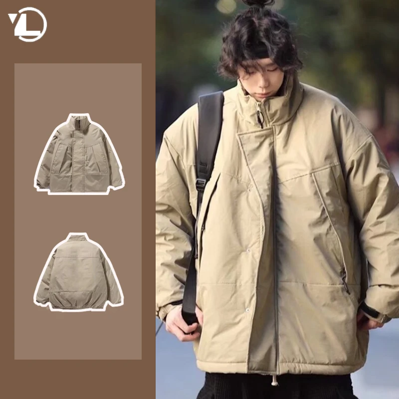 Winter Japanese Outdoor Mens Cotton Jackets Trendy Solid Silhouette Design Couple Parkas Simple Stand Collar Warm Coats Thicken