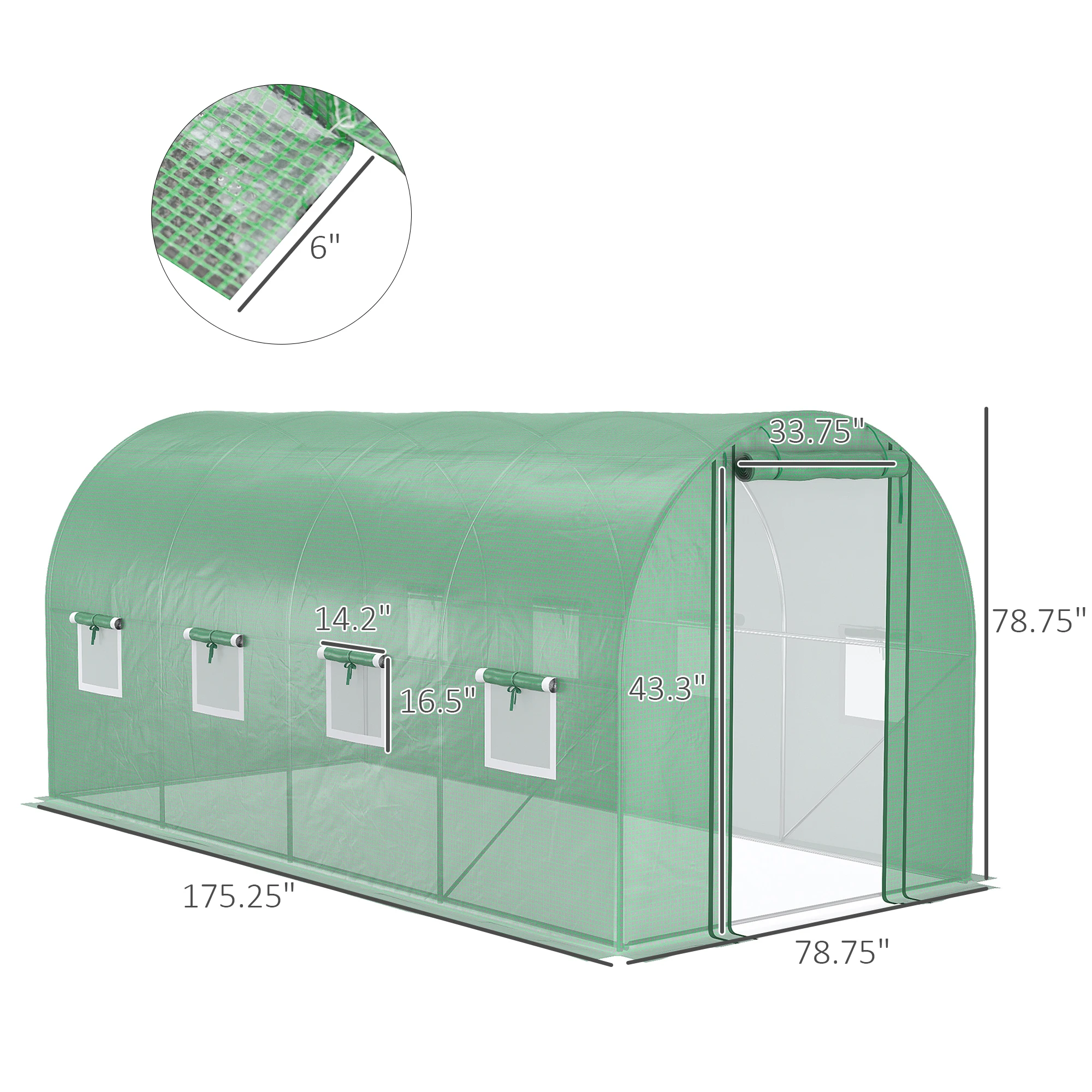 Extra Large 15' X 7' Greenhouse, Hoop Hot House, Zipper Door, Windows, Green