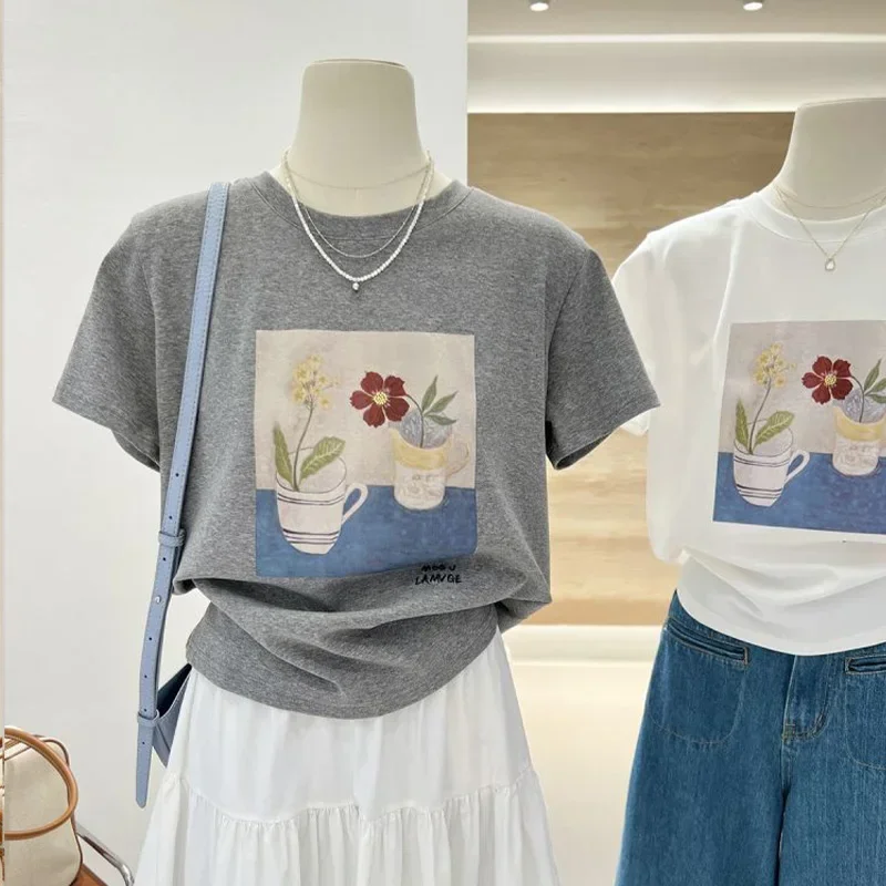 

Модная летняя тонкая футболка из чистого хлопка с цветочным принтом, женские свободные повседневные милые элегантные топы с круглым вырезом и короткими рукавами