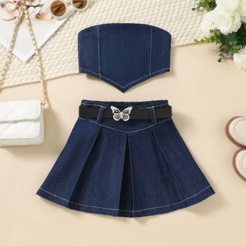 Children's Summer Set Girls Fashionable Sleeveless Strapless Denim Top+pleated Skirt Bow Belt 3-piece Set 2-6Y