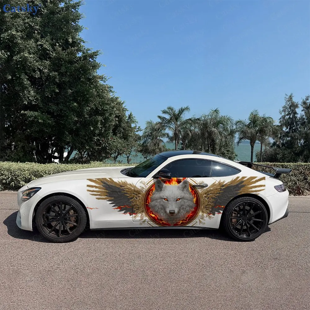 2Pcs Double Wing Fierce Wolf Car Side Wraps, Self-Adhesive PVC Waterproof & Scratch-Resistant Stickers, Car Accessory Gift