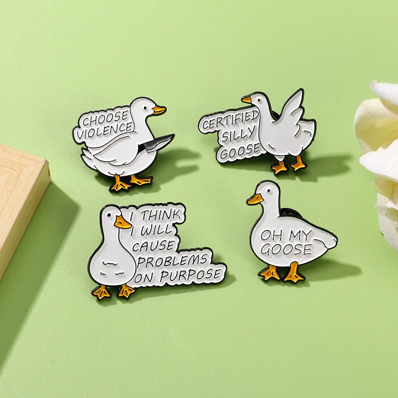 4Pcs/Set Nice Design Short Sentence Goose Enamel Pins Letter Choose Violence Certified Silly Goose Brooches