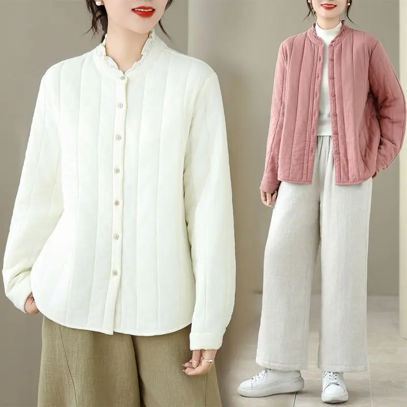 

2026 Autumn Winter women's Coat Loose Lace Collar Cotton-Padded jacket Casual Jacket Fungus Collar Stand-up Collar jacket Pink
