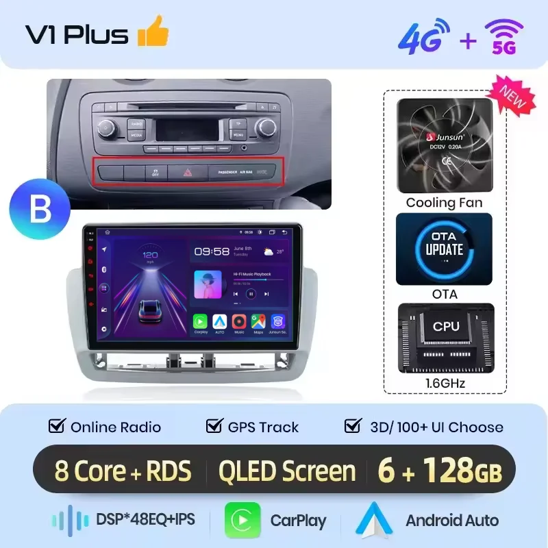Junsun Draadloze CarPlay Android Auto Autoradio voor Seat Ibiza 6j 2009-2013 WiFi Multimedia GPS Navigatie 2din Head Unit Stereo