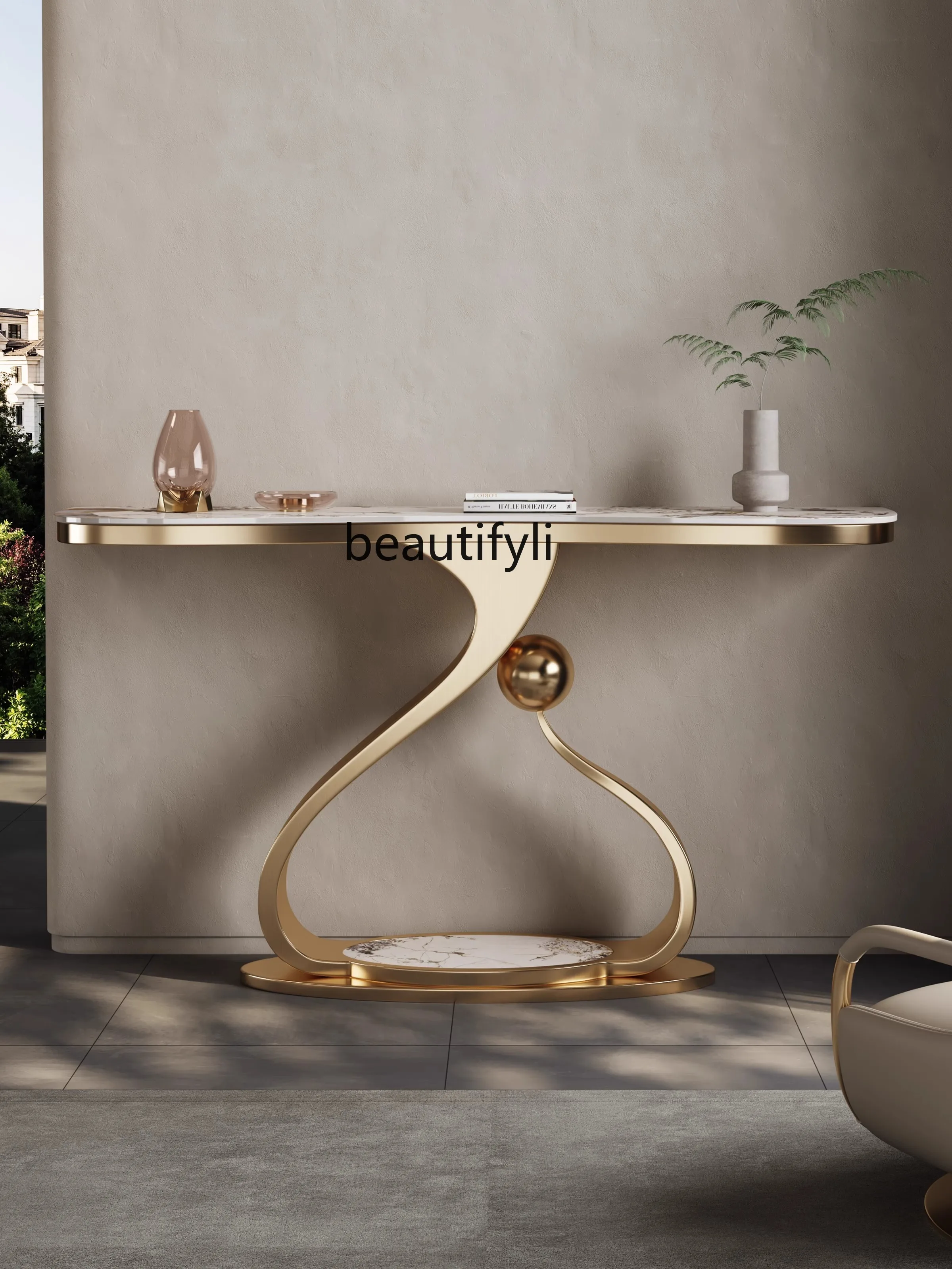 Light Luxury Stainless Steel Stone Plate Console Tables Hotel Modern Art Console Side View against the Wall